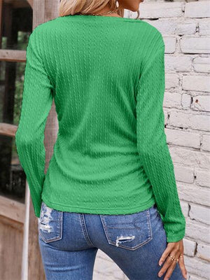 Textured Ruched V-Neck Long Sleeve T-Shirt