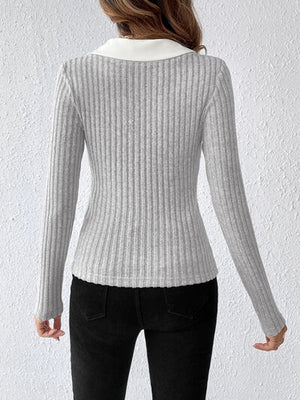 Ribbed Contrast Johnny Collar Long Sleeve Blouse