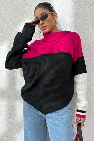 Contrast Buttoned Cutout Long Sleeve Sweater
