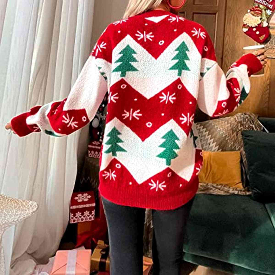 Christmas Tree Print Round Neck Sweater